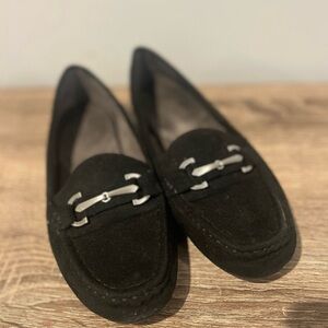 AEROSOLES Black Suede Loafers with Silver Accents